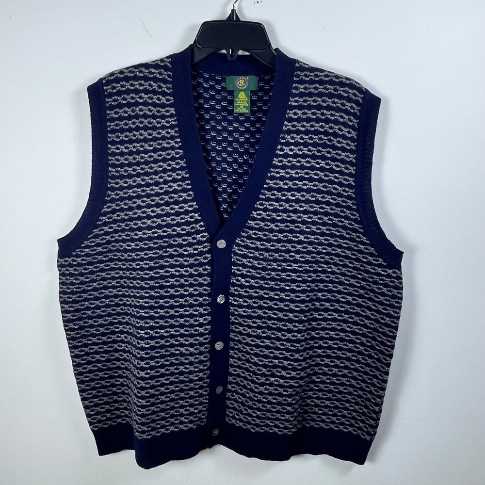 Club Room Mens XL Lambswool Cardigan Sweater Vest Navy Blue Gray Knit Button Up